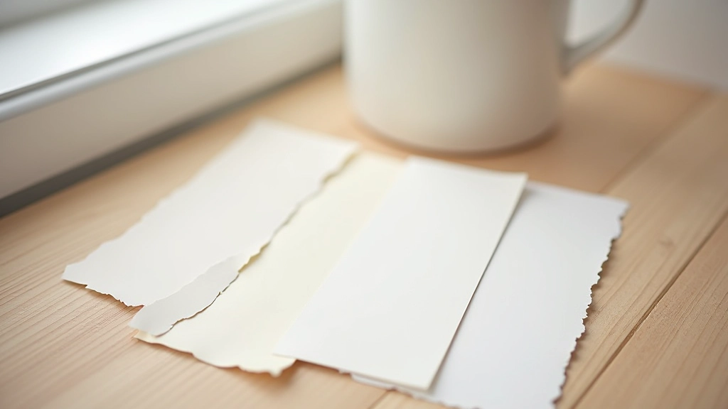 Color palette samples in neutral tones arranged on natural wooden surface