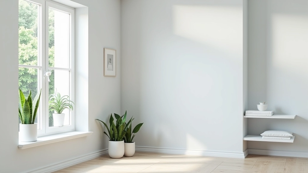 Bright, airy room corner with soft grey walls, window with natural light streaming in, simple white shelving unit with books and plants