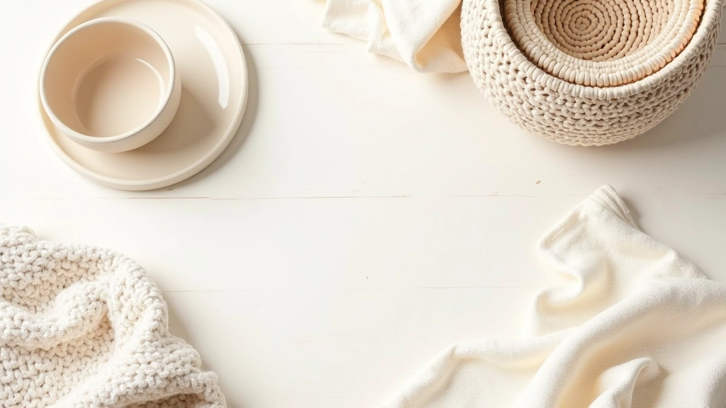 Layered textures including linen fabric, wooden surfaces, ceramic items, and knitted throw arranged together in neutral tones