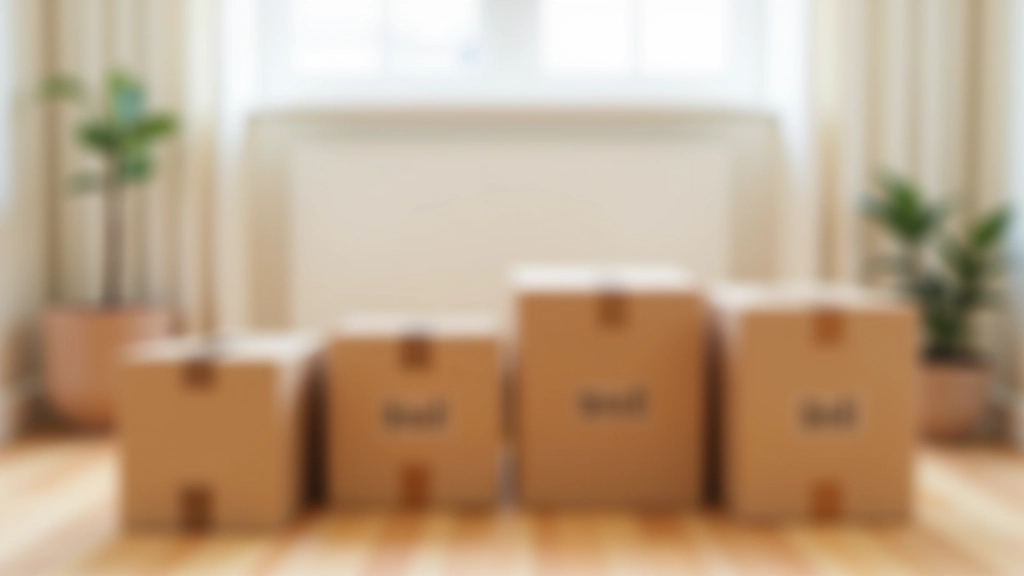 Four clearly labeled cardboard boxes for sorting items during decluttering process, arranged on wooden floor