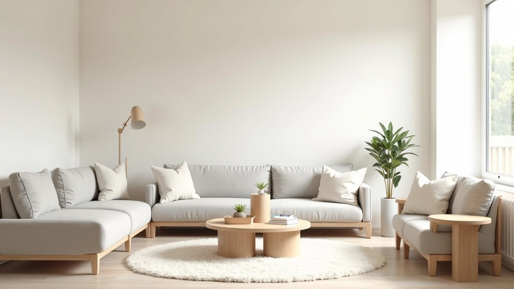 Minimalist living room with soft neutral tones, natural linen sofa, wooden side table, and window with diffused natural light