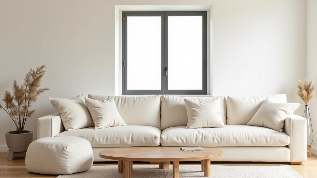 Bright minimalist living room with cream sofa, wooden side table, and soft natural light from window