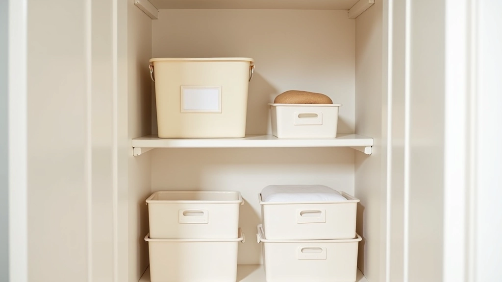 Organized hallway closet with neatly stacked boxes and labeled storage containers in a modern Irish home