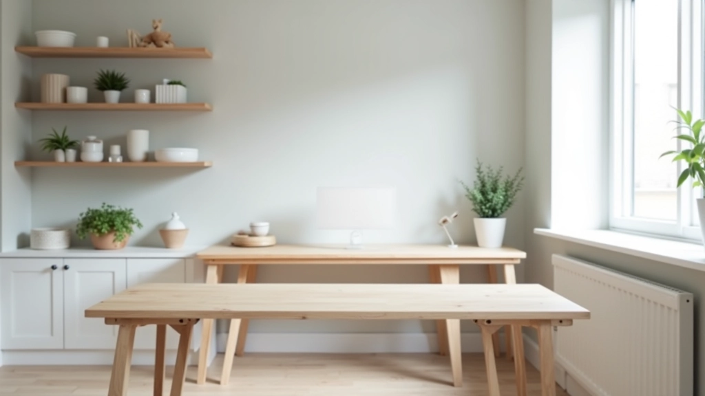Tidy home office desk with neutral color scheme, clear surfaces, organized shelves, and natural wood furniture
