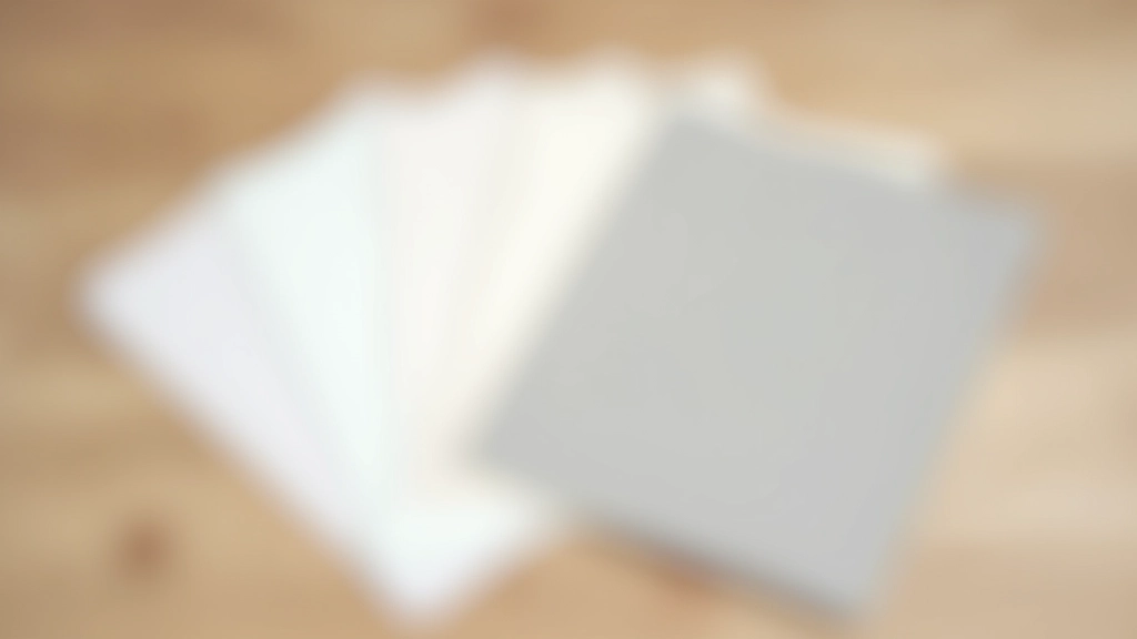 Paint swatches displaying soft warm whites, cool creams, and soft grey tones layered together on a wooden surface