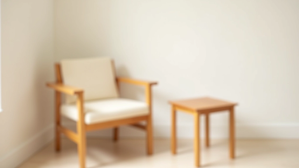 Wooden furniture pieces including simple wooden chair and table with visible grain texture against neutral wall