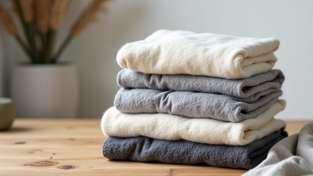 Stack of folded wool sweaters and blankets in neutral tones of grey, cream, and charcoal
