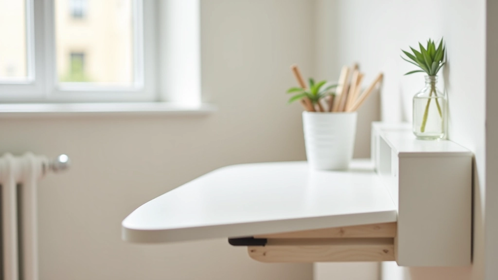 Wall-mounted drop-leaf desk table in white finish, partially lowered position, positioned above wainscoting in compact home office space