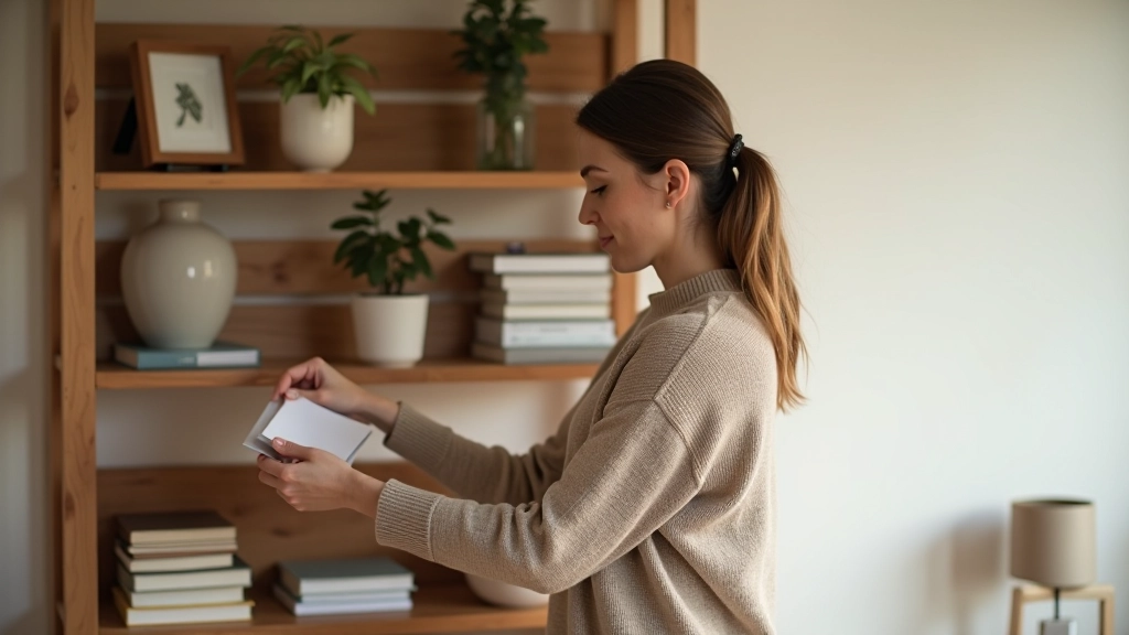 Person organizing shelves with neatly arranged books and decorative items in minimalist style